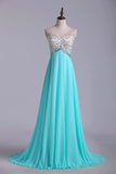 Prom Dresses A Line One Shoulder Tulle & Chiffon Sweep Train With Beading