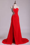 One Shoulder Sheath Prom Dresses Red Chiffon With Beads And Slit