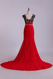 V-Neck Mermaid Prom Dresses With Ruffles & Black Applique Chiffon Bicolor