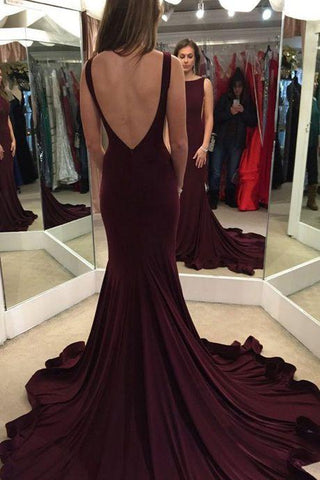 Elegant Mermaid Burgundy Sweep Train Prom Dress with Open Back