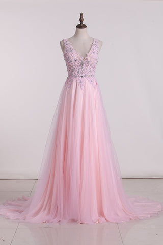 Prom Dresses V Neck Beaded Bodice Open Back A Line Chiffon