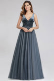 A-Line V-Neck Sleeveless Blue Floor-length Evening Dress Cheap Prom Dresses SJS15055