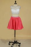 Two-Piece Bateau Homecoming Dresses A Line Satin With Beads Short/Mini