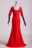 Bateau Mid-Length Sleeve Prom Dresses Sheath Lace Floor Length