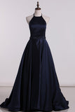 Satin Prom Dresses Halter A Line Beaded Waistline Sweep Train