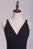 Dark Navy Spaghetti Straps Sheath Chiffon With Beading Evening Dresses