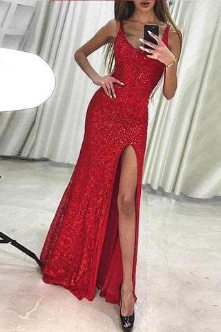 Sexy Sequins Sheath V Neck Prom Dresses With Split, Long Evening Dresses SJS15353