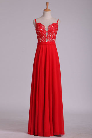 Prom Dresses A Line Spaghetti Straps Chiffon With Applique Floor Length