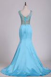 Hot And New Arrival See-Through Scoop Prom Dresses With Beading Sweep Train Satin