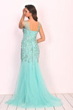 New Arrival V Neck Tulle With Applique And Beads Mermaid Prom Dresses