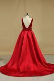 Open Back V Neck Velvet & Satin With Beading A Line Prom Dresses