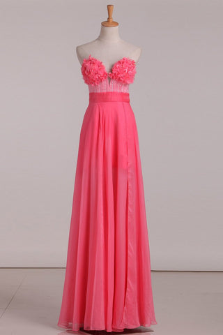 Sweetheart A Line Prom Dresses Chiffon With Beads And Handmade Flowers