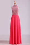 High Neck Prom Dresses A Line Chiffon With Beading Sweep Train