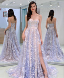 Charming Sweetheart Strapless Lace Appliques Lilac Prom Dresses with SJS15632