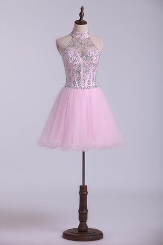 Halter A-Line Short/Mini Homecoming Dresses With Beads Tulle