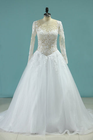 Scoop A-Line Wedding Dresses Court Train Tulle With Applique Long Sleeves