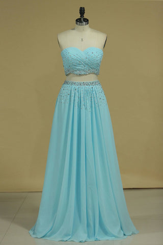 Two Pieces Sweetheart Prom Dresses Chiffon With Beads And Ruffles A Line