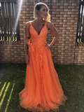 A Line V Neck Backless Lace Appliques Formal Dresses Orange Prom Dresses