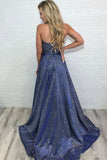 Unique High Slit Deep V Neck Sparkly Halter Prom Dresses Spaghetti Straps Formal Dresses SJS15458