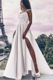 A Line Spaghetti Straps High Slit Sweetheart Chiffon Lace Appliques Prom Dresses JS310