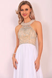 Halter Beaded Bodice Prom Dresses A Line Chiffon Sweep Train