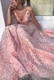 Elegant Pink V Neck Floral Lace Long Prom Dresses Spaghetti Strap Formal Dress