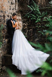 Elegant A Line Illusion Beads V Neck Tulle Long Backless Wedding Dresses, Prom Dresses SJS15510