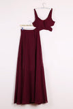 Elegant Two Pieces A-line V Neck Floor-length Burgundy Chiffon Cheap Prom Dresses JS671