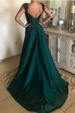 Elegant Beaded Peacock Green V Neck Long Satin Open Back Prom Dresses JS98