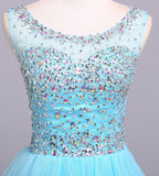 Ball Gown Blue Scoop Sequins Organza Long Prom Dresses Elegant Party Dresses JS165