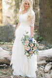 Bohemian Forest A Line V Neck Half Sleeves Sweetheart Lace Chiffon Wedding Dresses