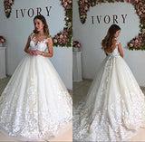 Ball Gown Lace Appliques Tulle Backless Cap Sleeve Wedding Dresses Bridal Dresses JS333