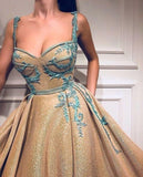 A Line Spaghetti Straps Sweetheart Gold Rhinestone Sparkly Appliques Prom Dresses JS890