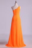 One Shouder Column Evening Dresses Chiffon With Beads With Ruffles