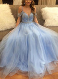 Stylish A-Line V-Neck Off-the-Shoulder Blue Tulle Long Evening Dresses UK with Beading JS297