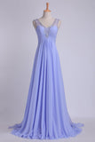 V Neckline And Deep V Back Chiffon Long A Line Prom Dress With Beaded Tulle Straps