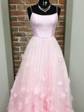 Princess Pink Spaghetti Straps Prom Dresses Scoop Long Cheap Dance Dress With Flowers