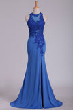 Prom Dresses Scoop With Applique And Slit Spandex Sheath Open Back