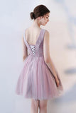 Princess Pink A Line V Neck Flowers Tulle Lace up Short Mini Homecoming Dresses JS877