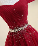 A Line Burgundy Off the Shoulder Lace up Tulle Sweetheart Long Prom Dresses JS141