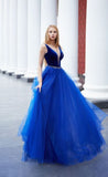 Long Tulle Prom Dresses V Neck Modest Formal Dress