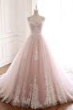 Unique A Line Pink Sweetheart Tulle Spaghetti Straps Long Lace Prom Dress