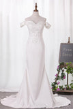 Elegant Mermaid Off the Shoulder Sweetheart Lace Appliques Satin Wedding Dresses JS816