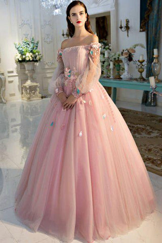 A Line Long Sleeve Pearl Pink Ball Gown Off the Shoulder Long Floral Fairy Prom Dresses JS261