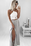 Elegant A-Line Elastic Satin Spaghetti Straps Backless Long Grey Prom Dresses with Split JS654