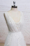 Elegant Ivory A Line Plunging Neckline Lace Appliqued Flowers Tulle Wedding Dresses JS649