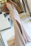 Sheath V Neck Pearl Pink Backless Beads Slit Satin Mermaid Sleeveless Prom Dresses JS22