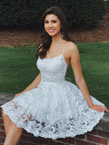 A Line Sweetheart Spaghetti Straps Backless White Lace Appliques Short Homecoming Dresses JS981