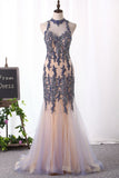 New Arrival High Neck Mermaid Prom Dresses Tulle With Applique And Beads