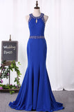 Satin Scoop Mermaid Prom Dresses With Beading Sweep Train